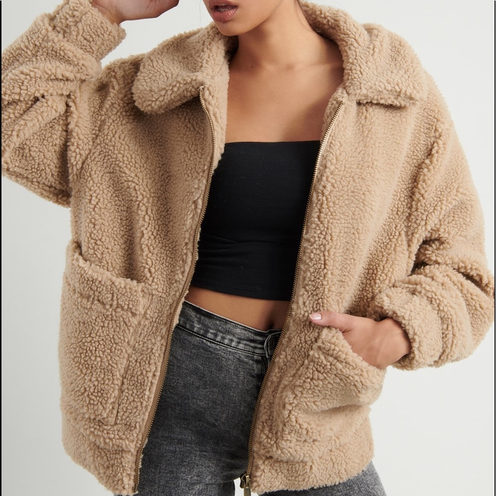 garage faux fur zip up sherpa teddy coat
